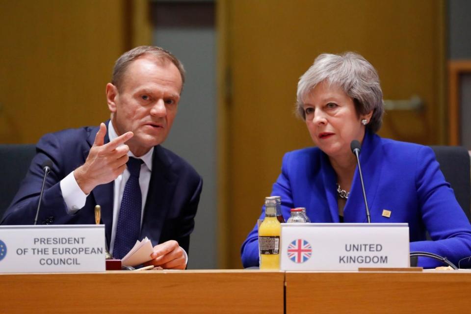 Theresa May and European Council president Donald Tusk meet during a special EU summit in Brussels (EPA)