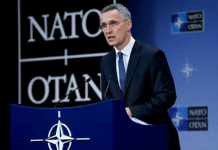 NATO Secretary-General Jens Stoltenberg addresses a news conference at the Alliance headquarters in Brussels, Belgium, March 15, 2018. REUTERS/Yves Herman