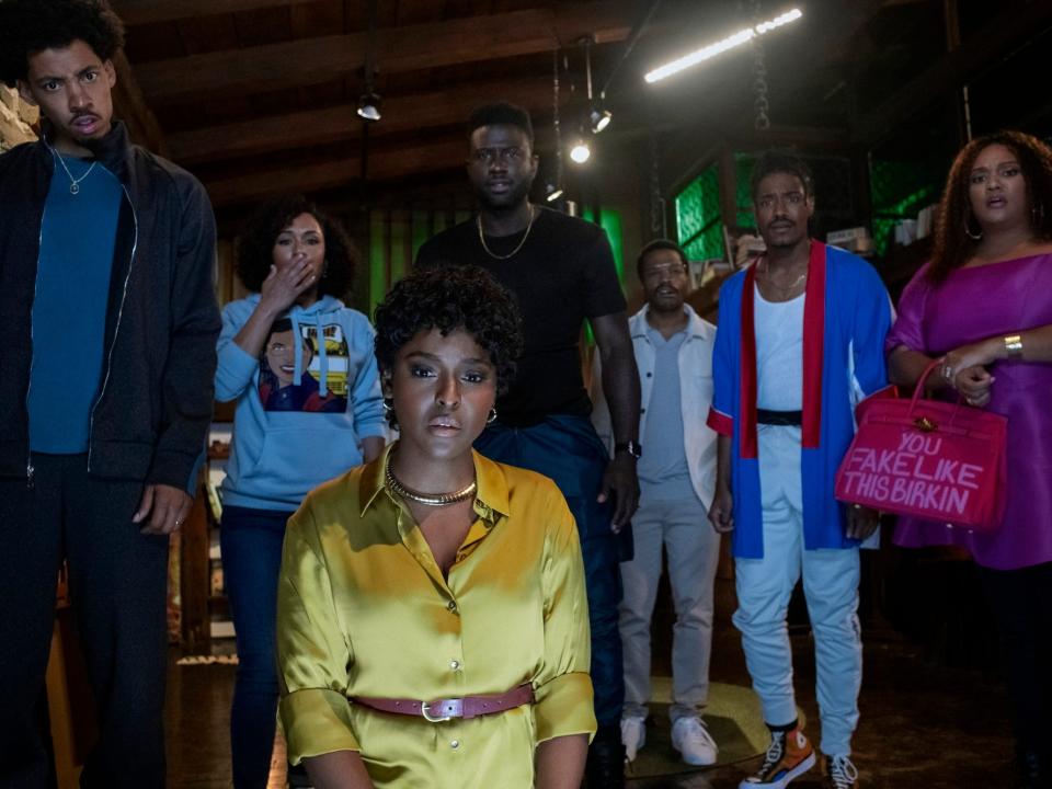 The main cast of "The Blackening" (L-R): Melvin Gregg, Grace Byers, Antoinette Robertson, Sinqua Walls, Jermaine Fowler, Dewayne Perkins and Xochitl Mayo