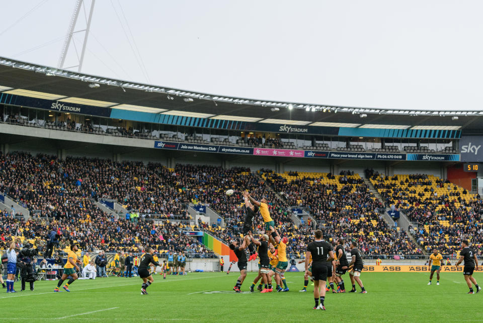 General view as Ardie Savea of the All Blacks and Lukhan Salakaia-Loto of the Wallabies (L-R) compete for a lineout during the Bledisloe Cup match.