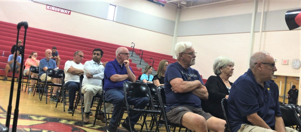 A Kingsway Middle School gymnasium hosted a special meeting of the Woolwich Joint Land Use Board on Thursday night. The lone agenda item was a major site plan review of the Oldmans Industrial Park, proposed to go on about 70 acres on Auburn Road. The project has strong opposition from residents. PHOTO: June 29, 2023.