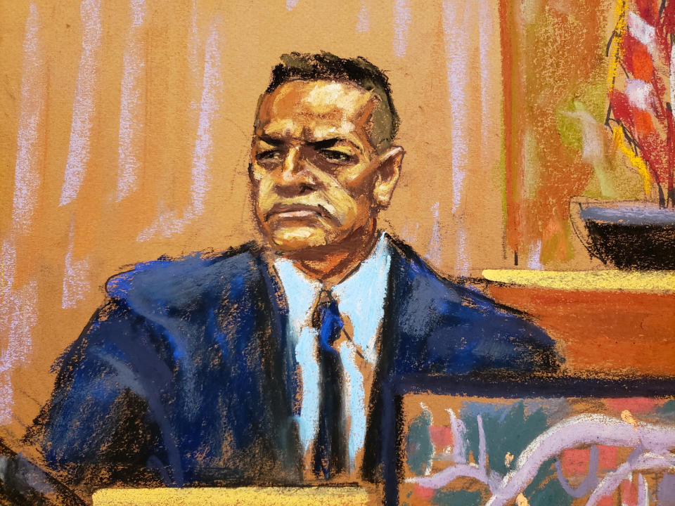 Francisco Cañedo Zavaleta cuestionado en el juicio a García Luna (sketch). REUTERS/Jane Rosenberg.