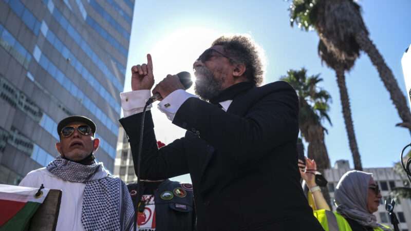Independent presidential candidate Cornel West addresses demonstrators in Los Angeles at an October 28, 2023 protest against Israel’s war in Gaza.