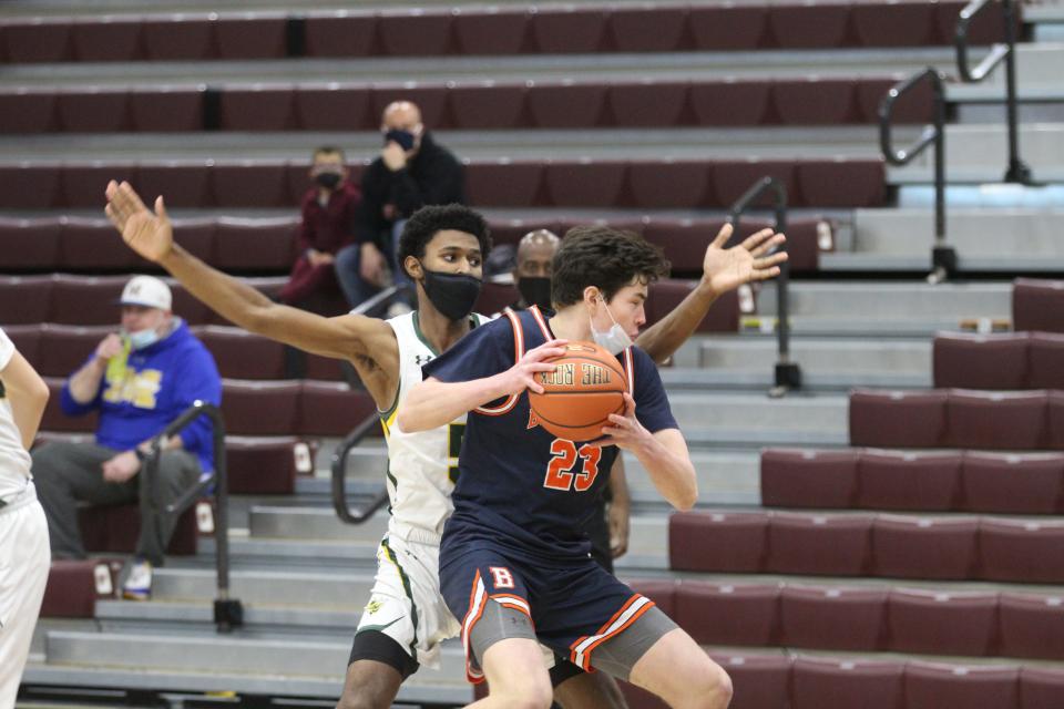 Hastings' Josh Thigpen defends Briarcliff's Elliot Jones during a Slam Dunk Showcase game at Iona College on Jan. 9, 2022.