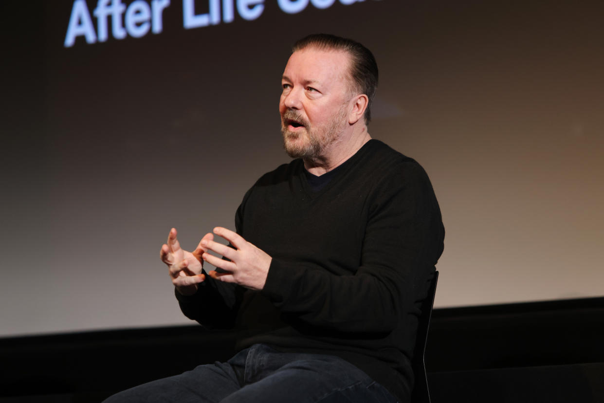 LONDON, ENGLAND - JANUARY 06:  Ricky Gervais speaks onstage at the Season 3 Premiere of Netflix's 