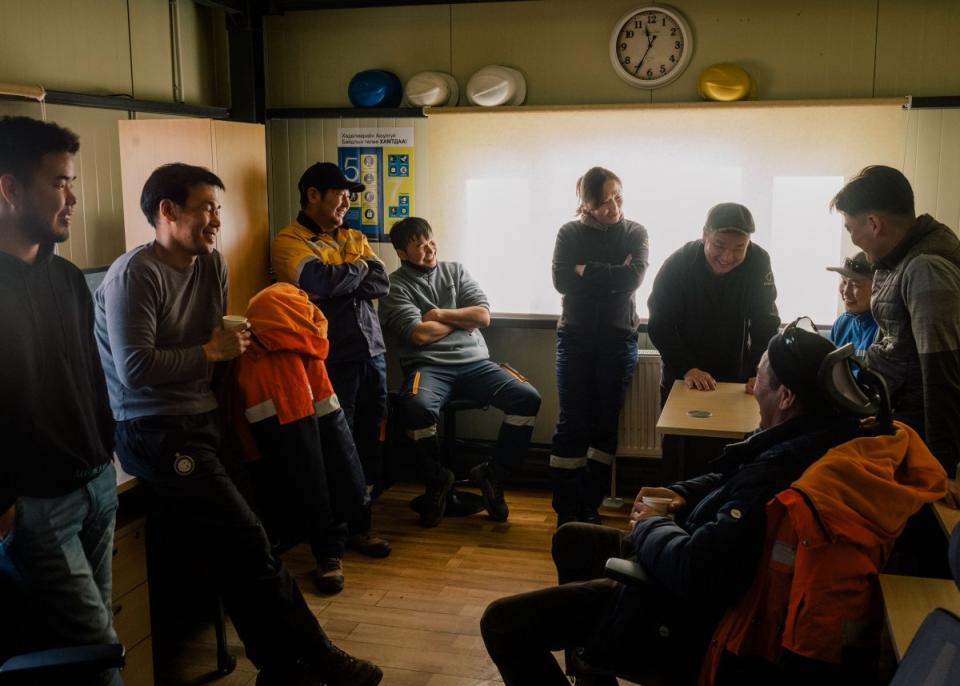 Badrakh Energy staff gather for a morning meeting at Zuuvch-Ovoo mine, close to the pilot project.<span class="copyright">Nanna Heitmann—Magnum Photos for TIME</span>