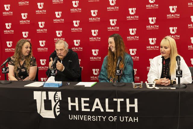 <p>Megan Nielsen/The Deseret News via AP</p> Rudy Noorlander is joined by his daughters Ashley Noorlander, left, and KateLynn Noorlander Davis, right, and his surgeon Hilary McCrary as they speak about Noorlander's recovery from a grizzly bear attack at the University of Utah Hospital in Salt Lake City, Friday, Oct. 13, 2023.