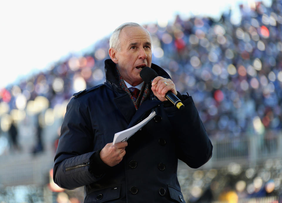 TORONTO, ON - JANUARY 01:  Sportscaster Ron MacLean announces the Top 33 of 100 NHL players before the start of the 2017 Scotiabank NHL Centennial Classic to be played between the Detroit Red Wings and the Toronto Maple Leafs at Exhibition Stadium on January 1, 2017 in Toronto, Ontario, Canada.  (Photo by Dave Sandford/NHLI via Getty Images)