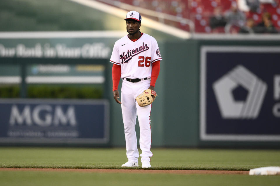 Washington Nationals shortstop Lucius Fox (26) stands on the field during the first inning of a baseball game against the Miami Marlins, Wednesday, April 27, 2022, in Washington. (AP Photo/Nick Wass)