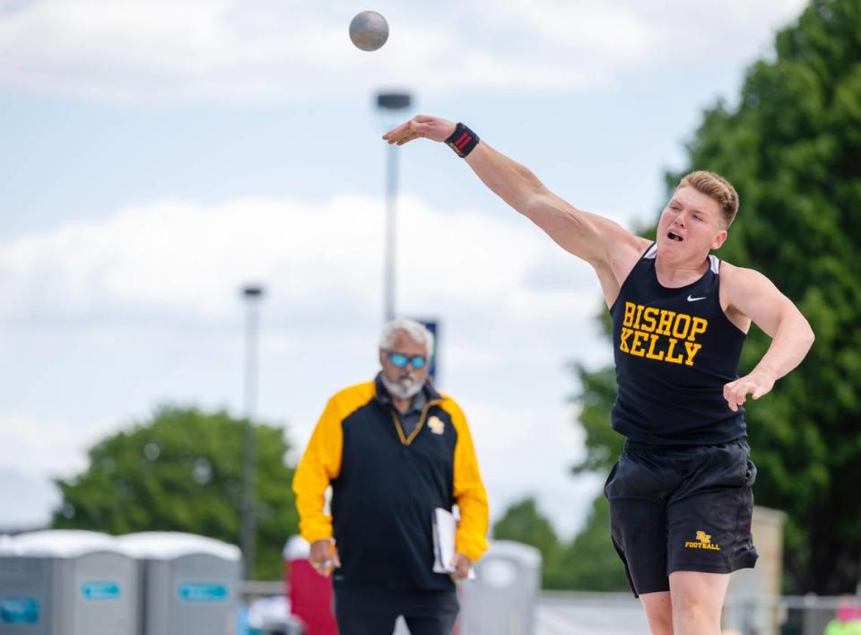 Bishop Kelly's Reed Martin competes in the shot put at 4A state track meet May 17. 