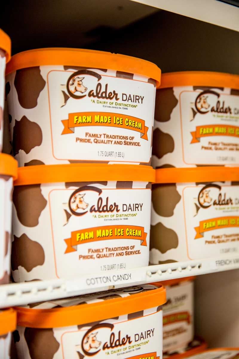 Calder Dairy lists 37 flavors of ice cream. Calder Dairy Ice Cream flavors for the Christmas holidays include candy cane and eggnog.