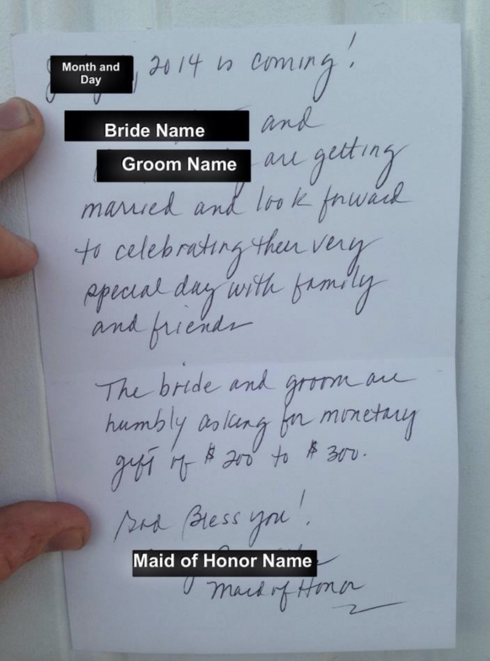 A card from the maid of honor asking a guest who RSVP'd "no" to send $200 to $300.