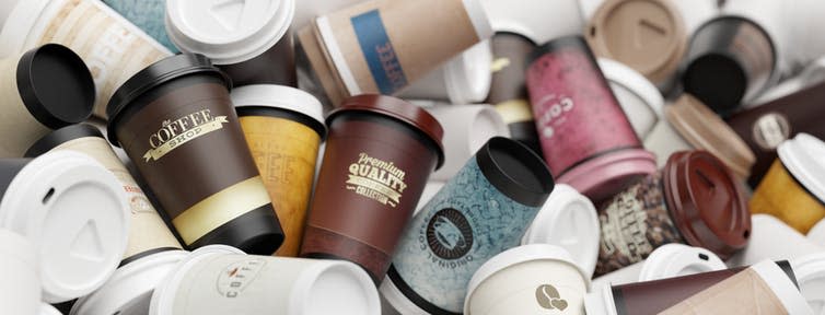 <span class="caption">Contaminated and mixed material waste like coffee cups are difficult to recycle and more likely to end up in landfill.</span> <span class="attribution"><a class="link " href="https://www.shutterstock.com/image-illustration/colorful-pile-empty-go-coffee-cups-1127513240?src=gBvcouudImNWlDP6Tn6HKQ-1-3" rel="nofollow noopener" target="_blank" data-ylk="slk:Robert Kneschke/Shutterstock;elm:context_link;itc:0;sec:content-canvas">Robert Kneschke/Shutterstock</a></span>
