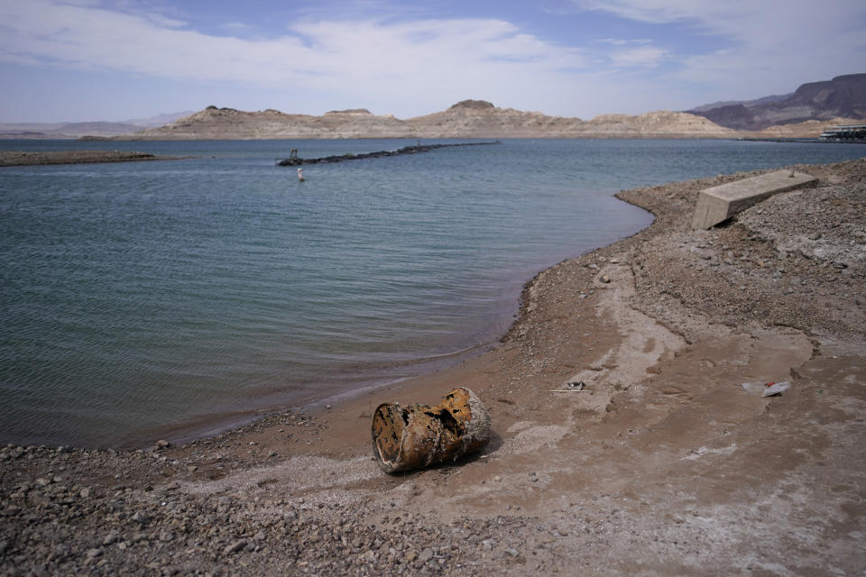 Rusting debris that used to be underwater sits above the water level on Lake Mead at the Lake Mead National Recreation Area, Monday, May 9, 2022, near Boulder City, Nev. (AP Photo/John Locher)
