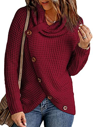 2) Asvivid Chunky Cowl Neck Sweaters for Women Fall Long Sleeve Asymmetrical Wrap Pullover Sweater Button Jumper Tops Red Ladies Sweater M