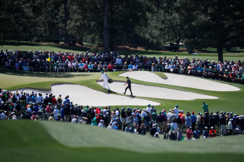 Tiger Woods of the U.S. walks onto the 7th green during first round play of the 2018 Masters golf tournament at the Augusta National Golf Club in Augusta, Georgia. (REUTERS)