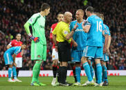 Football - Manchester United v Sunderland - Barclays Premier League - Old Trafford - 28/2/15 Referee Roger East mistakenly sends off Sunderland's Wes Brown as John O'Shea appeals Action Images via Reuters / Carl Recine Livepic EDITORIAL USE ONLY. No use with unauthorized audio, video, data, fixture lists, club/league logos or "live" services. Online in-match use limited to 45 images, no video emulation. No use in betting, games or single club/league/player publications. Please contact your account representative for further details.