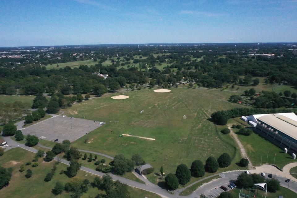 An aerial view of the area planned for construction for the 2024 Cricket World Cup in Eisenhower Park on September 21, 2023 in East Meadow, New York. Nassau County plans to erect a 34,000-seat temporary stadium for the event.