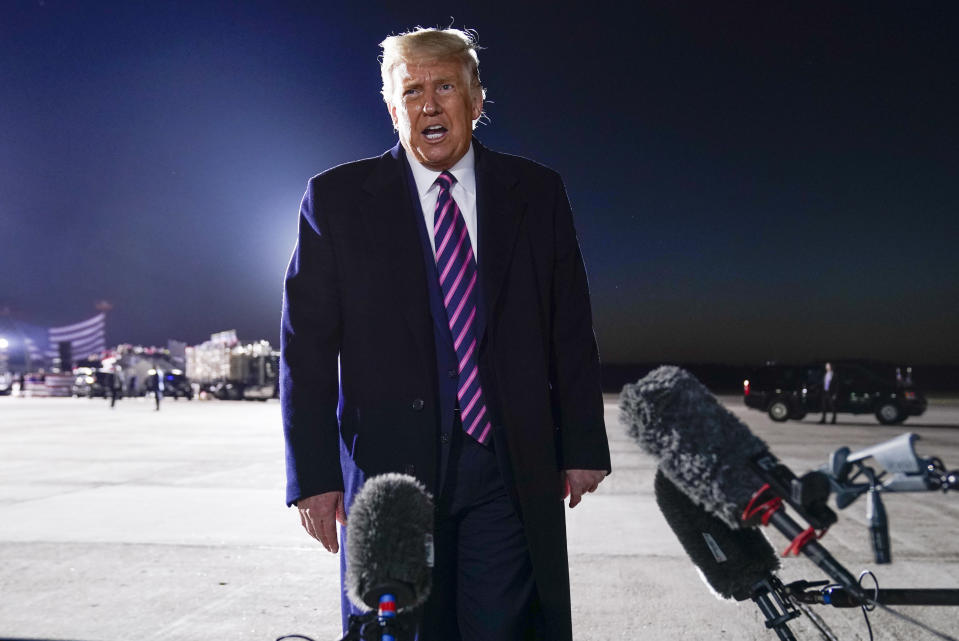 President Donald Trump speaks about the death of Supreme Court Justice Ruth Bader Ginsburg after a campaign rally at Bemidji Regional Airport, Friday, Sept. 18, 2020, in Bemidji, Minn. (AP Photo/Evan Vucci)