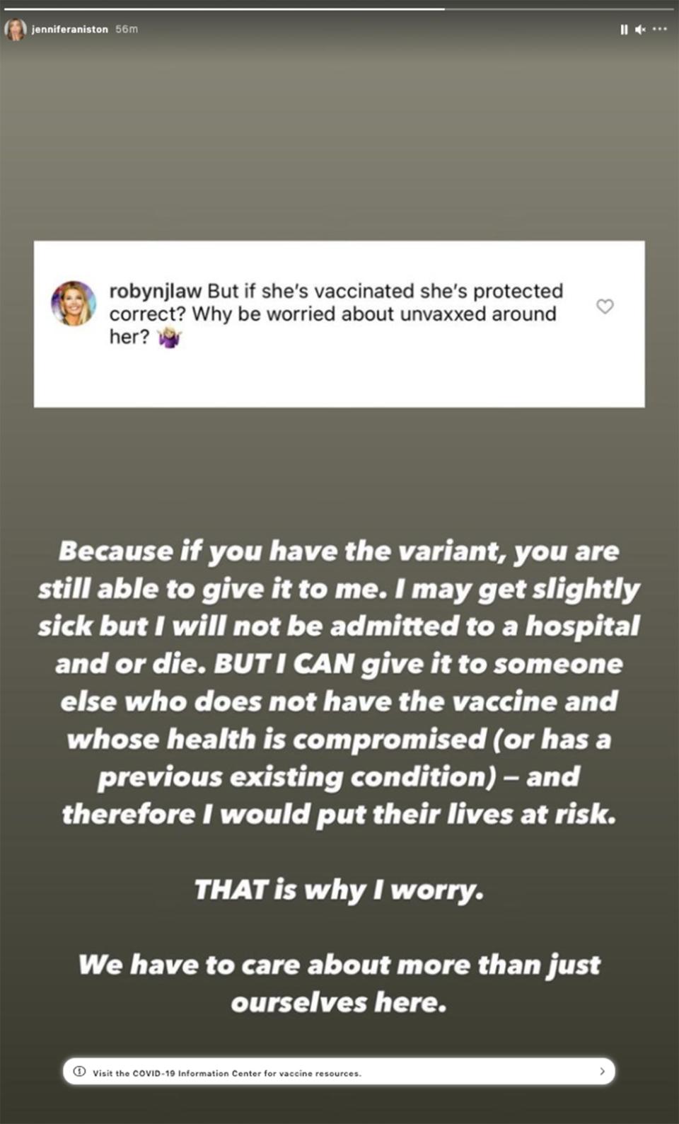 Aniston defended her decision in her Instagram story on Aug. 5, 2021. (Jennifer Aniston / Instagram)