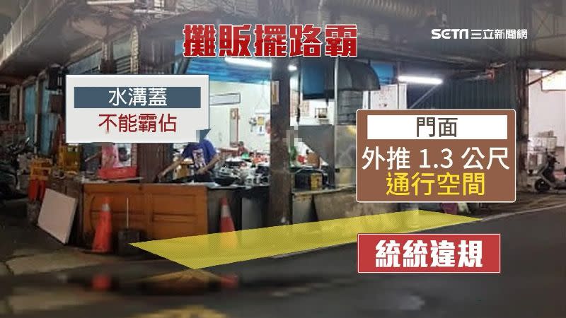 攤販將鍋爐餐台等器具，往外向車道延伸。