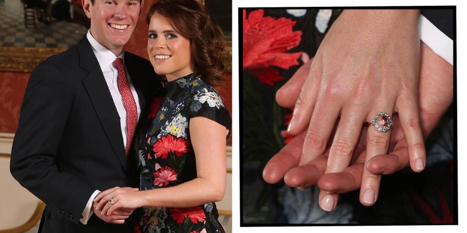 <p>Not to dissimilar to her mother's engagement ring, Eugenie's also features a ruby surrounded by diamonds.</p><p><a href="https://www.elle.com/uk/fashion/celebrity-style/g23724093/princess-eugenie-wedding-guests-outfits/" rel="nofollow noopener" target="_blank" data-ylk="slk:Husband Jack Brooksbank;elm:context_link;itc:0;sec:content-canvas" class="link ">Husband Jack Brooksbank</a> explained in their 2018 engagement interview that he had found a pink padparadscha sapphire but did not put it in the ring until Eugenie had signed off on it. Needless to say, she approved.</p><p><a class="link " href="https://www.beaverbrooks.co.uk/0000191/18ct-Gold-Diamond-Ruby-Cluster-Ring/p" rel="nofollow noopener" target="_blank" data-ylk="slk:SHOP SIMILAR;elm:context_link;itc:0;sec:content-canvas">SHOP SIMILAR</a> 18ct Gold Diamond Ruby Cluster Ring, Beaverbrooks, £2,250</p>