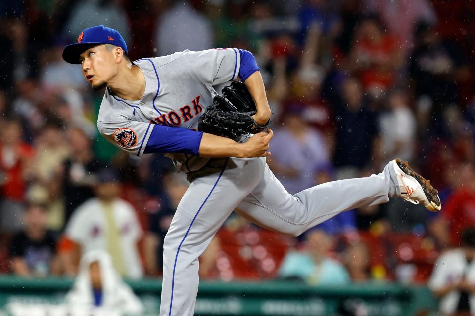 New York Mets' Kodai Senga pitches during the fourth inning of a baseball game against the Boston Red Sox, Friday, July 21, 2023, in Boston.