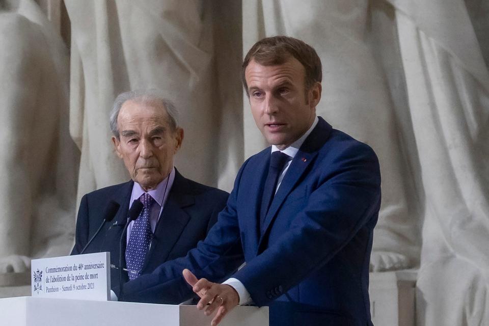 Emmanuel Macron with Badinter in 2021, commemorating the 40th anniversary of the abolition of the death penalty