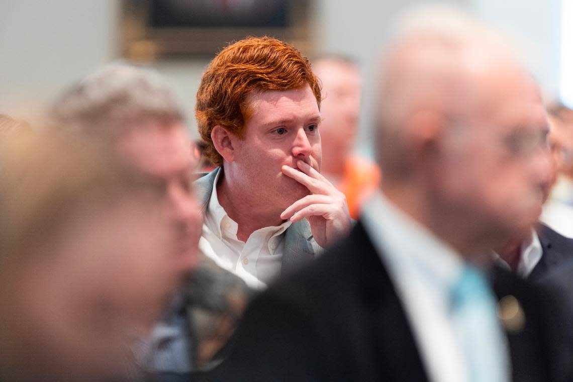 Buster Murdaugh, the son of Alex Murdaugh, listens as his father, Alex Murdaugh, testifies in his own trial for murder at the Colleton County Courthouse on Thursday, February 23, 2023. Joshua Boucher/The State/Pool