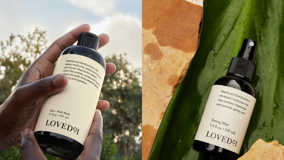 Start your skincare routine with the Loved01 Face + Body Wash (left), then follow with the Loved01 Toning Mist (right).