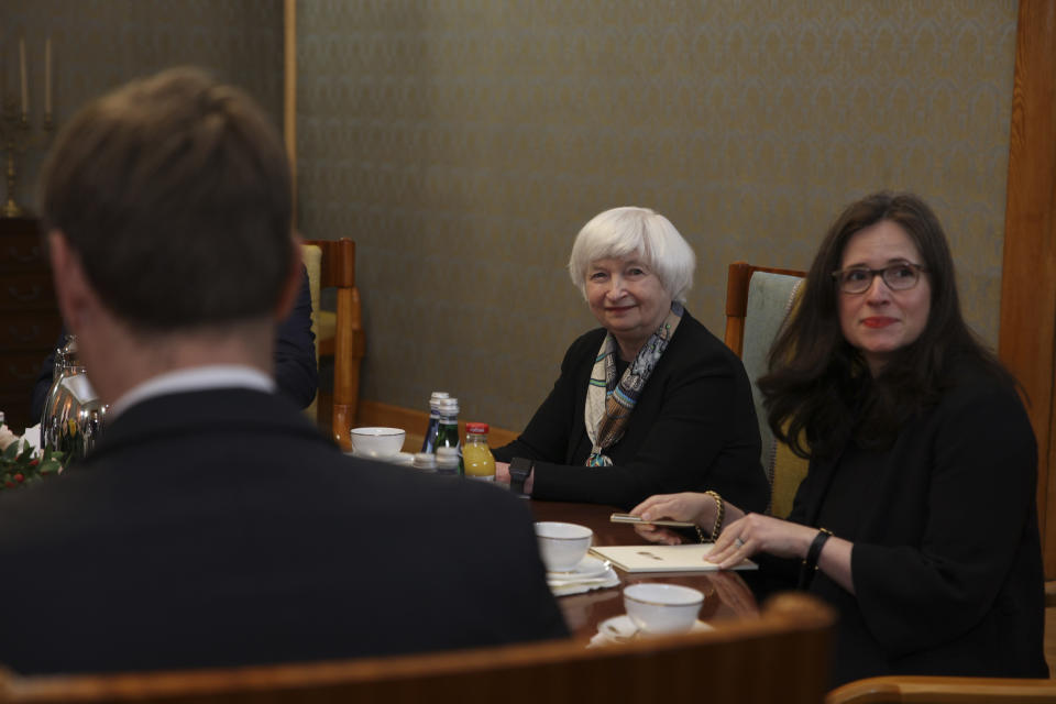 U.S. Treasury Secretary Janet Yellen, second right, attends the meeting with Poland's Prime Minister Mateusz Morawiecki in Warsaw, Poland, Monday, May 16, 2022. Yellen and Morawiecki will discuss how Russia's invasion of Ukraine affects Poland's economy as part of a week-long trip that also will take her to Brussels and a G7 finance leaders meeting in Germany. (AP Photo/Michal Dyjuk)