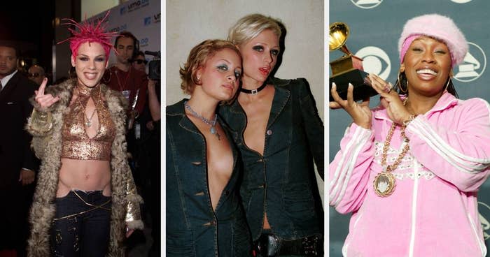 Pink poses at the 2000 MTV Video Music Awards, Paris Hilton and Nicole Richie are pictured in 2001, and Missy Elliott holds her Grammy Award in 2003