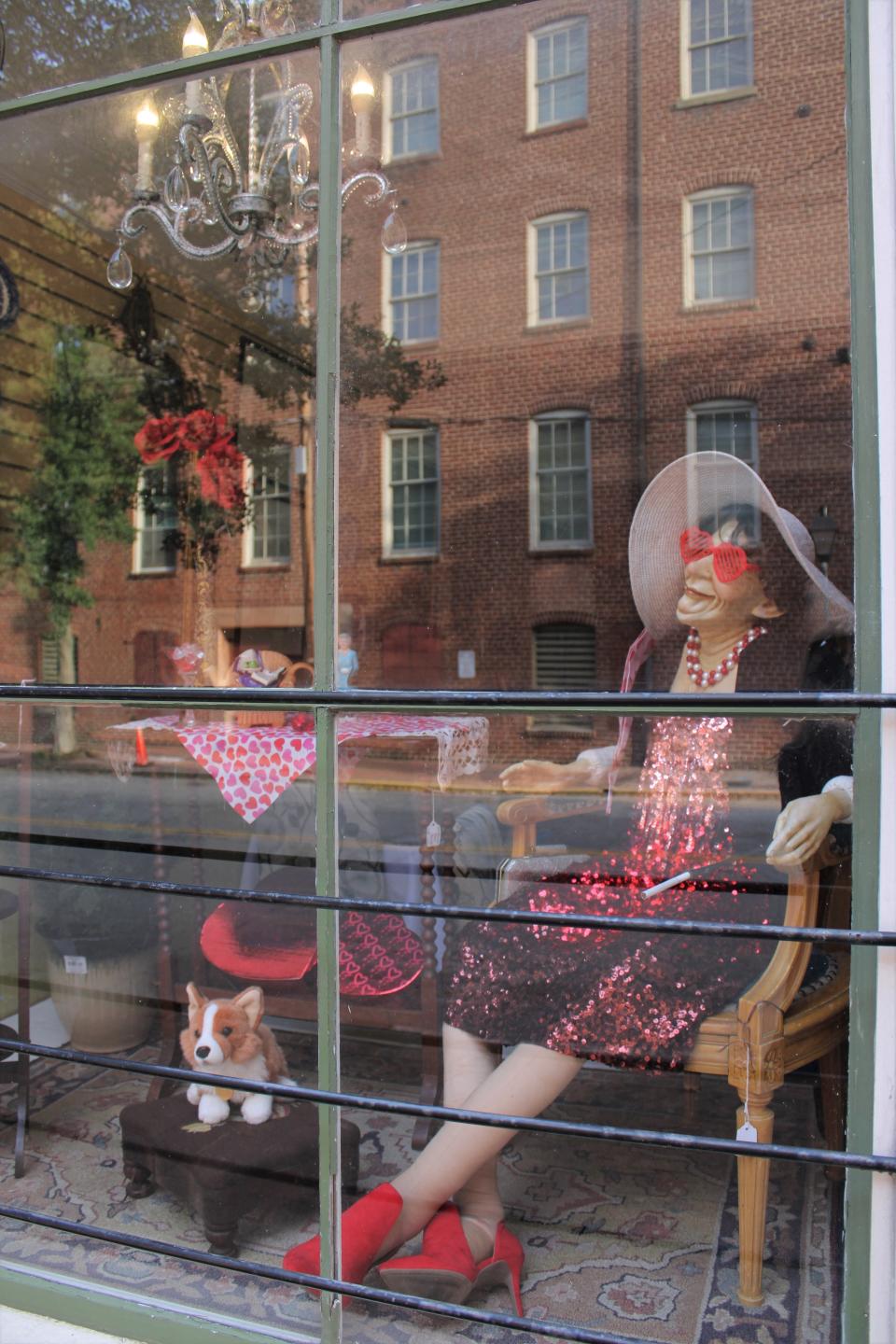 May, a Manhattan native, keeps a watchful eye on W. Old St. from Blue Willow Tea Room's window in Petersburg on Feb. 9, 2023. Her canine companion Britannia once lived a royal life in England.