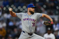 New York Mets pitcher Adrian Houser (35) works against the Atlanta Braves in the first inning of a baseball game Tuesday, April 9, 2024, in Atlanta. (AP Photo/John Bazemore)