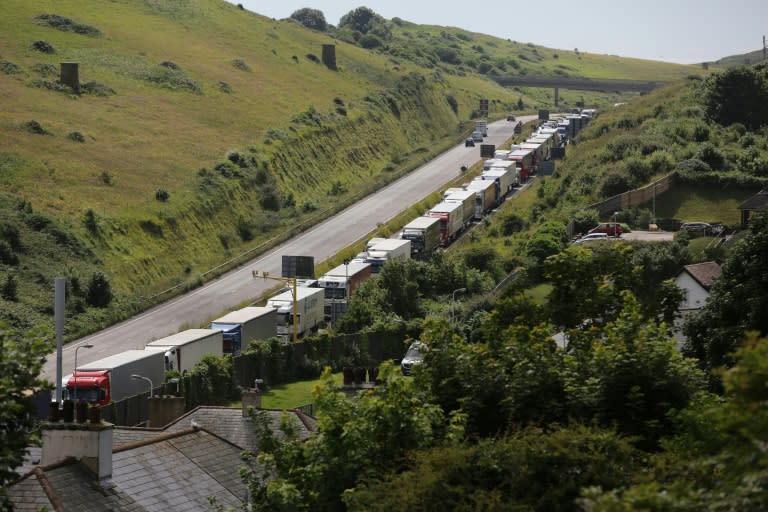 Lorries stand stationary in a traffic jam on the main road leading into the port of Dover just west of the port on the southeast coast of England on July 24, 2016