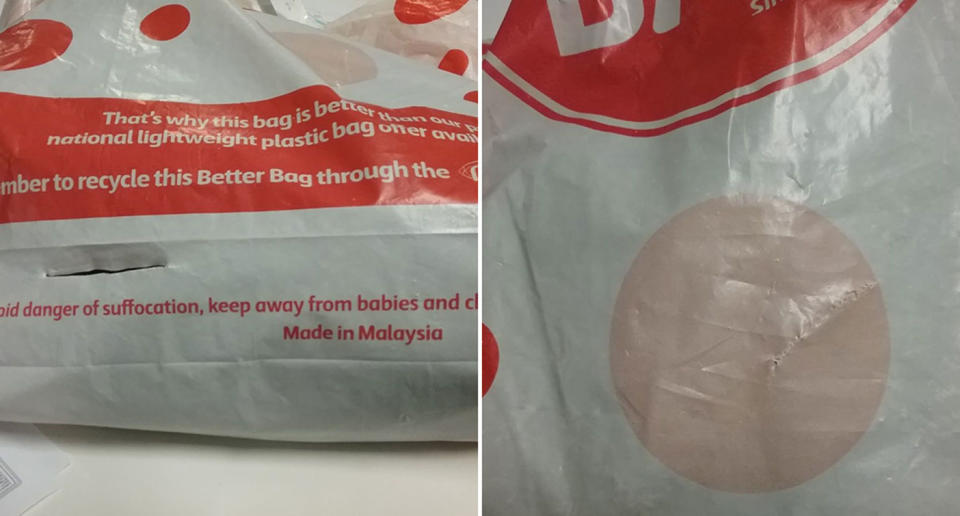 A Coles reusable plastic bag made in Malaysia with a number of tears in it.