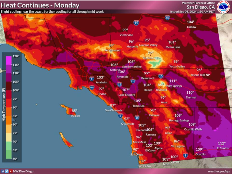 NWS forecast for Southern California on Monday as heat warnings remain in place (Photo: National Weather Service)