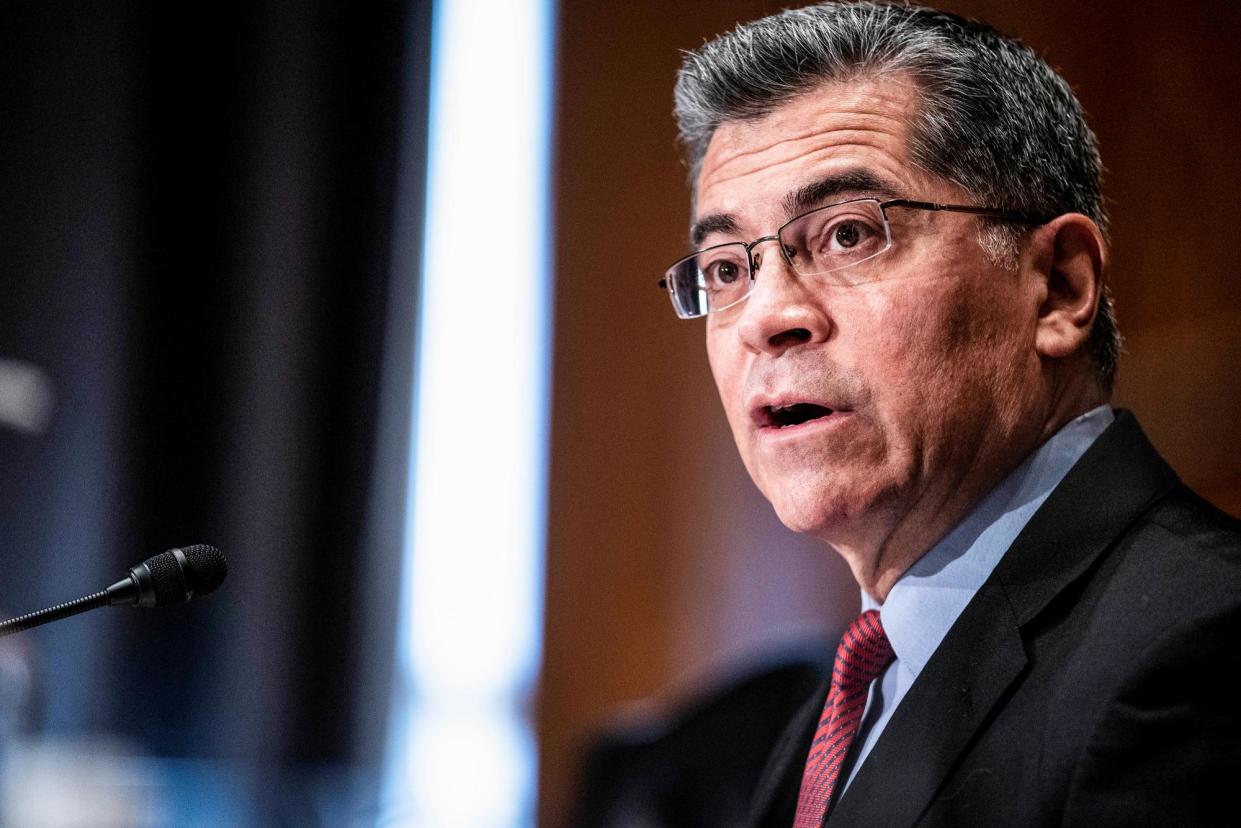 <span>Xavier Becerra testifies during a senate hearing in Washington DC on 23 February 2021.</span><span>Photograph: Sarah Silbiger/Pool via Reuters</span>