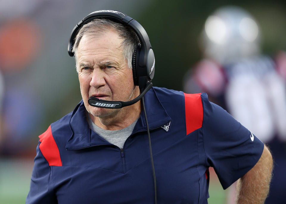 FOXBOROUGH, MASSACHUSETTS - SEPTEMBER 12: Head coach Bill Belichick of the New England Patriots looks on against the Miami Dolphins at Gillette Stadium on September 12, 2021 in Foxborough, Massachusetts. (Photo by Maddie Meyer/Getty Images)