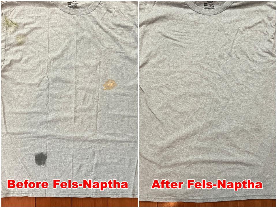 Before and after comparison of Fels-Naptha stain bar