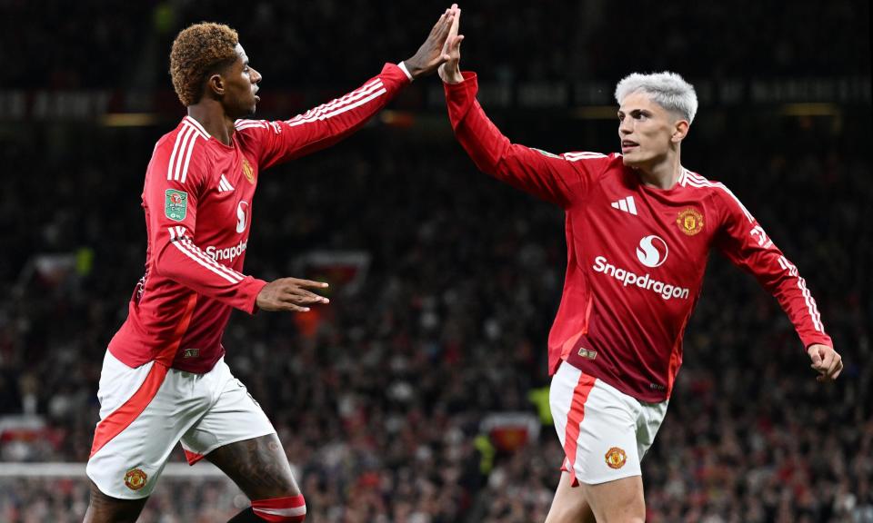 <span>Marcus Rashford and Alejandro Garnacho celebrate after Rashford opened the scoring at Old Trafford.</span><span>Photograph: Anna Gowthorpe/Shutterstock</span>