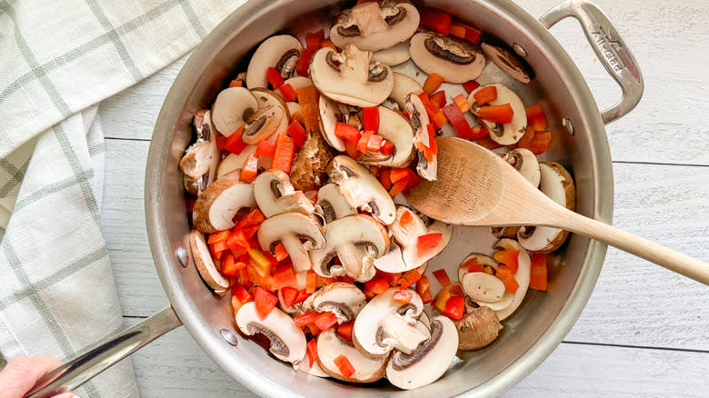 mushrooms and peppers in pan