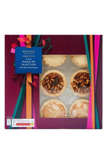 <p><strong>Overall Score: 86/100</strong></p><p>This year’s runner up alternative mince pie is actually a selection of mini mince pies in three flavours: Almond & Amaretto, Orange & Juniper and Caramelised Hazelnut Baklava. The Almond & Amaretto pie combines crisp buttery pastry, moist, sweet marzipan-flavoured sponge and flaked almonds, which top juicy, zesty mincemeat. The golden-brown buttery pastry case of the Orange & Juniper pie is filled with a zesty-fresh, lightly spiced vine fruit filling and was a standout for testers. The Caramelised Hazelnut Baklava pies have a fragrant, indulgent aroma and are packed with dried fruit, nuts orange zest, dried fruit, mixed spice, vanilla, honey and nuts. Moreish! <br><br><a class="link " href="https://www.waitrose.com/ecom/products/waitrose-christmas-all-butter-mini-mince-pie-selection/523413-373175-373176" rel="nofollow noopener" target="_blank" data-ylk="slk:BUY NOW;elm:context_link;itc:0;sec:content-canvas">BUY NOW</a><strong> Waitrose, £3 for 9<br></strong></p>