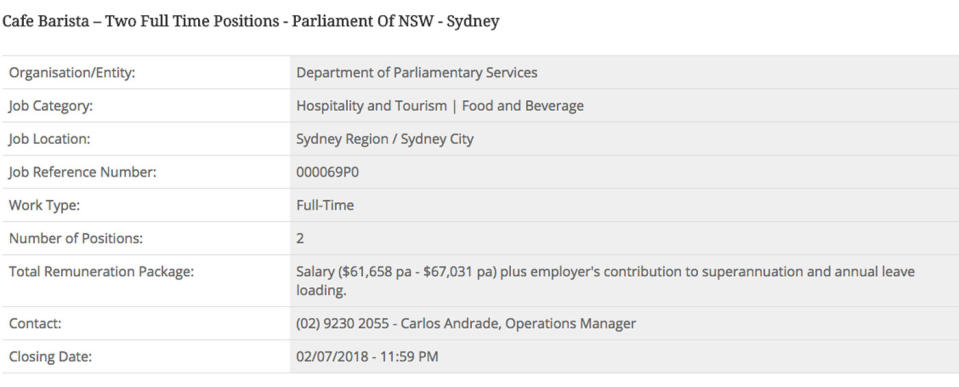 The NSW Government has advertised two barista jobs for parliament worth up to $73,000. Source: NSW Government