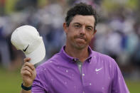 Rory McIlroy, of Northern Ireland, tips his cap after finishing on the 18th green during the final round of the U.S. Open Golf Championship, Sunday, June 20, 2021, at Torrey Pines Golf Course in San Diego. (AP Photo/Gregory Bull)