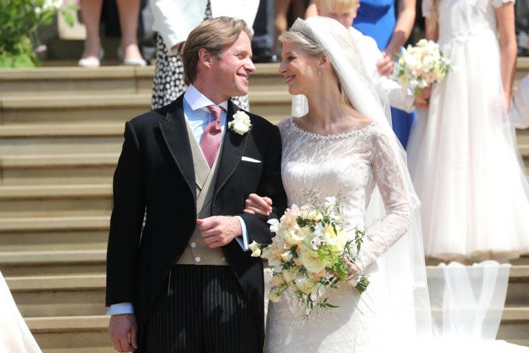 Lady Gabriella Windsor and Thomas Kingston married at St George’s Chapel in Windsor in a ceremony on Saturday afternoon attended by the Queen, the Duke of Sussex and the Duchess of Cambridge’s sister, Pippa Middleton.Also in attendance were Michael and Carole Middleton and Downton Abbey creator Julian Fellowes.The Duchess of Sussex, who gave birth to her first child with Prince Harry on Monday 6 May, was not present at the wedding.Gabriella wore a lace gown by Italian designer Luisa Beccaria for the occasion.The ceremony began at noon and was conducted by Dean of Windsor, the Right Rev David Conner.The newlyweds went on to celebrate with a reception at Frogmore House, the same location where Harry and Meghan held their wedding dinner. Guests were served smoked Scottish salmon and asparagus risotto in addition to a number of canapes.The couple got engaged in the summer of 2018 after having dated for several years.Their nuptials mark the third royal wedding to take place within one year, preceded by Princess Eugenie and Jack Brooksbank and The Duke and Duchess of Sussex. All three ceremonies were held at St George’s Chapel.Gabriella, whose full name is Lady Gabriella Marina Alexandra Ophelia Windsor, is the daughter of Prince Michael of Kent, the Queen’s cousin.The 38-year-old works for digital communications and branding agency Branding Latin America, which is based in Knightsbridge, London.Gabriella, known to friends as Ella, is also a board director for the Playing for Change Foundation, a non-profit organisation that supports music education programmes for children in areas with limited in economic resources.Kingston is a director at Devonport Capital, which specialises in supporting companies in emerging economies or post-conflict environments by providing access to expansion finance and liquidity-bridging solutions.The 40-year-old is close friends with Middleton and attended her wedding to James Matthews in May 2017 with Gabriella.