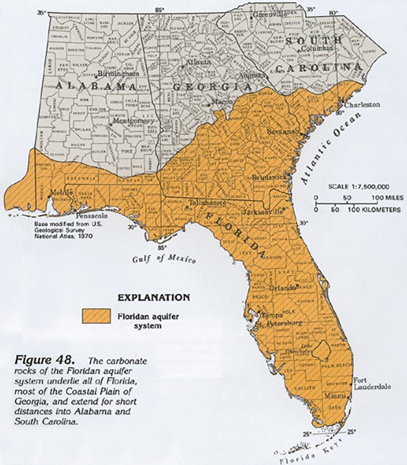A map of the Floridan Aquifer, the Georgia lowcountry's main source of groundwater.