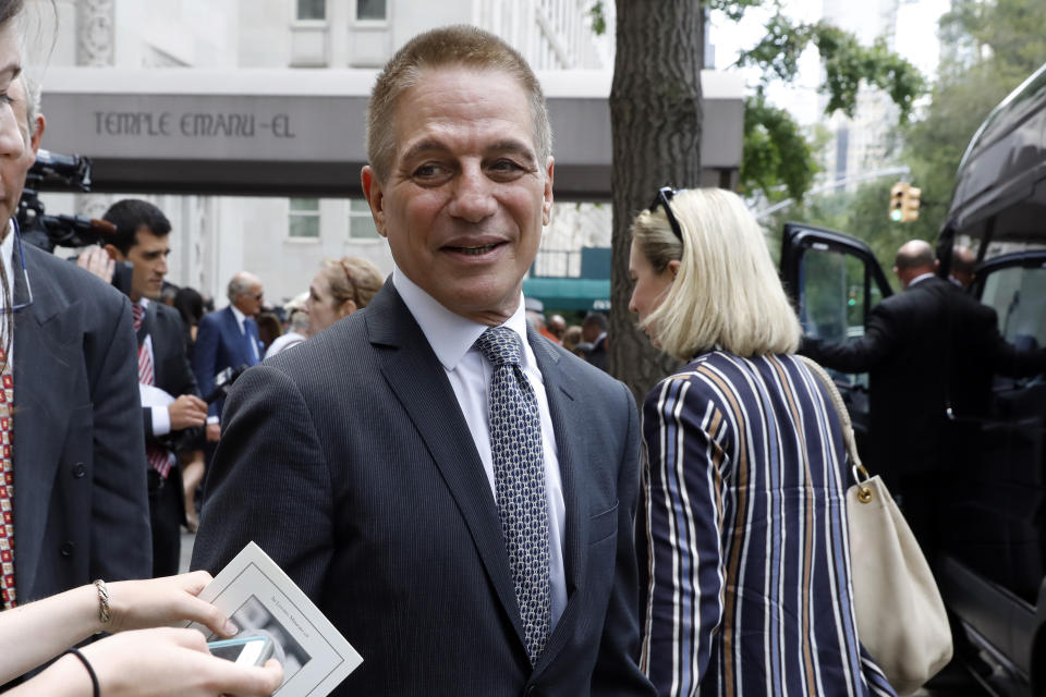 Actor Tony Danza leaves the funeral for former Manhattan District Attorney Robert Morgenthau at Temple Emanu-El, in New York, Thursday, July 25, 2019. (AP Photo/Richard Drew)