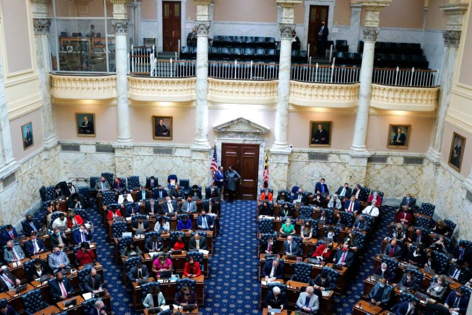 The Maryland House of Delegates gathers in Annapolis, Md., for the first day of a special session on Monday, Dec. 6, 2021 to take up a proposed new congressional map, as well as to vote to override vetoes by Gov. Larry Hogan from the last legislative session. (AP Photo/Brian Witte)