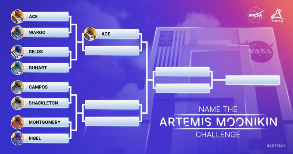 NASA is asking the public to cast their votes for the name of the mannequin set to go around the moon. Here's a look at the bracket, last updated Friday, June 18.